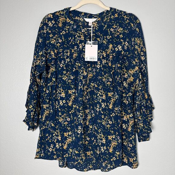 LC Lauren Conrad Tops - LC Lauren Conrad Women's Blouse XXL Blue Yellow Button Floral Ruffle 3/4 Sleeve